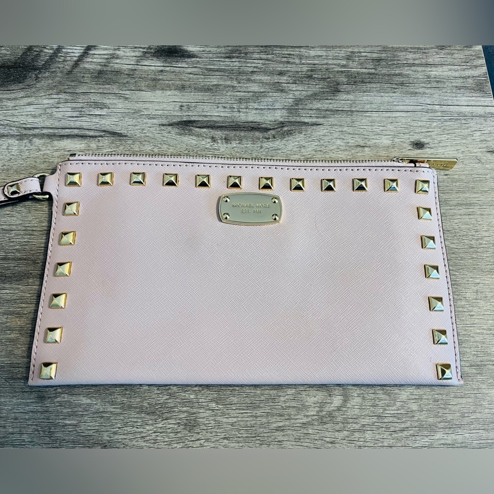 Michael Kors saffiano studded zip clutch.